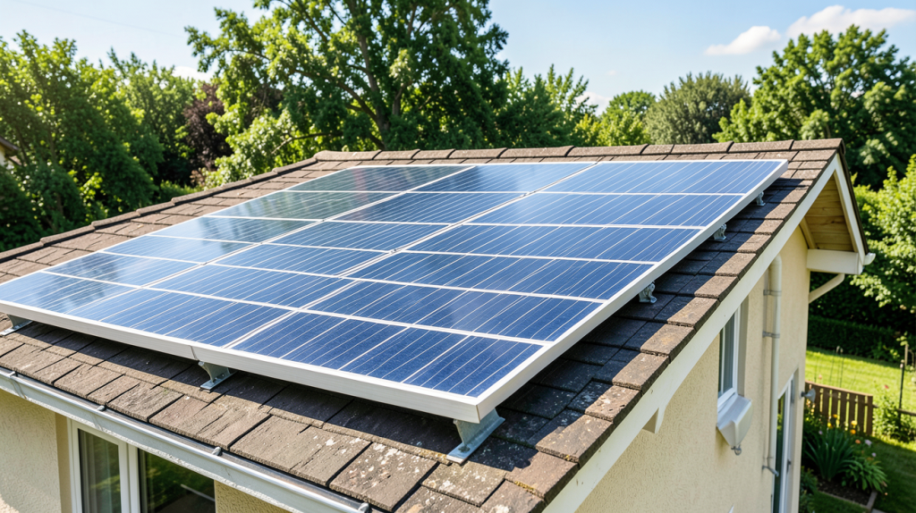 victron panneau solaire installé sur le toit d'une maison en été avec ciel bleu dégagé