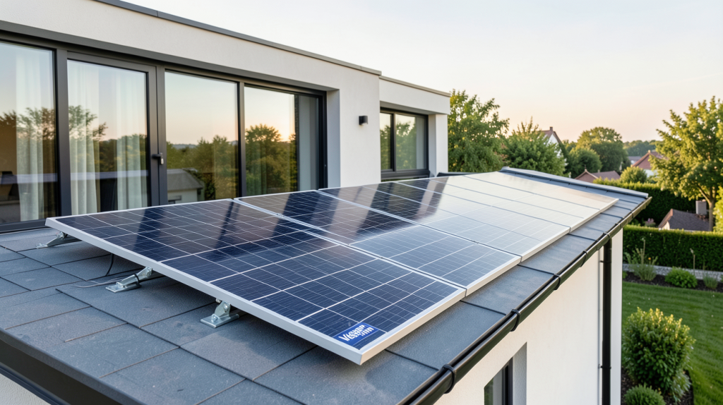 viessmann panneau solaire installé sur le toit d'une maison moderne avec une lumière naturelle du matin