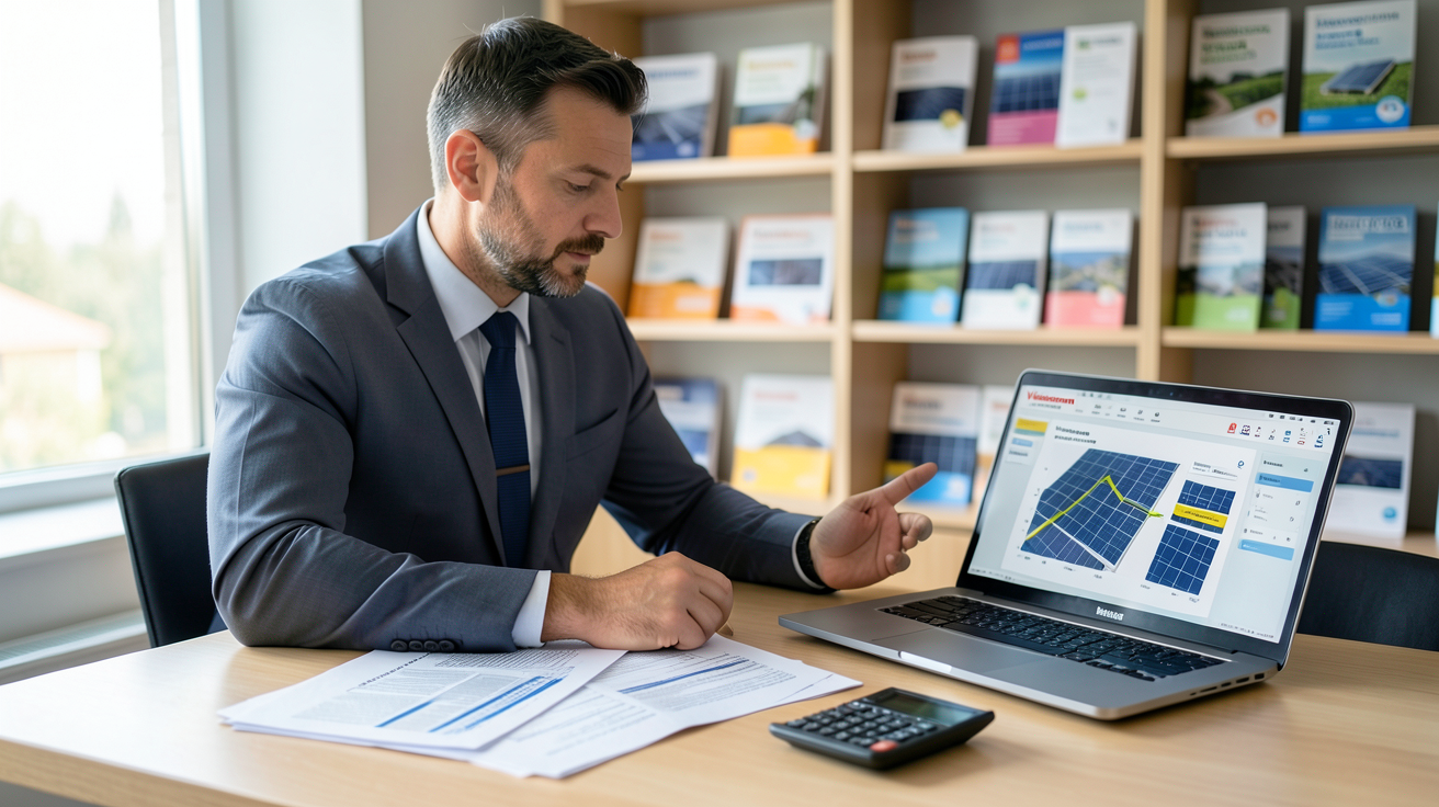 viessmann photovoltaique installateur présentant un dossier de demande d'aides financières pour panneaux solaires avec documents officiels