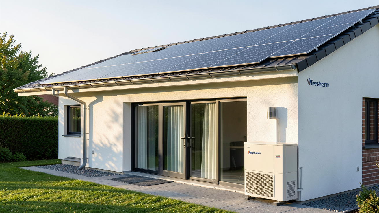 viessmann photovoltaïque intégré avec pompe à chaleur Viessmann sur une maison moderne