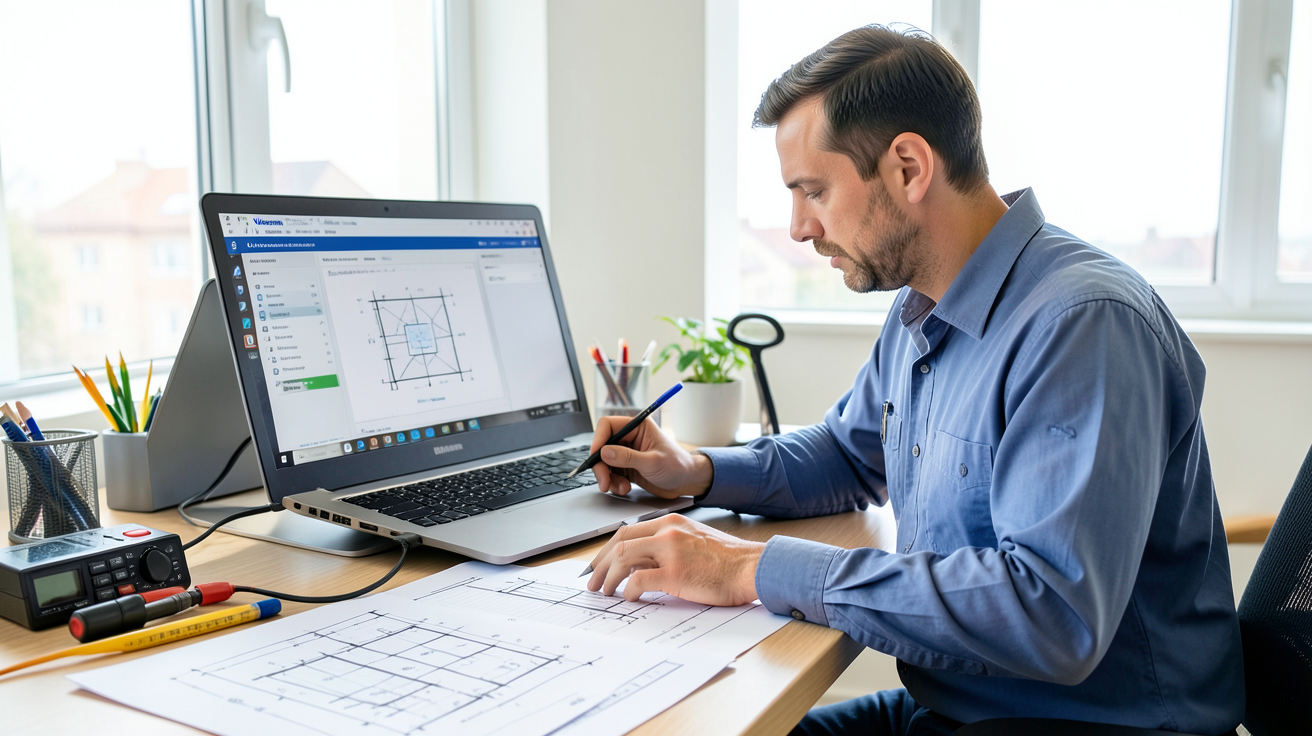 viessmann solaire thermique : technicien calculant le dimensionnement d'une installation solaire thermique avec des outils professionnels