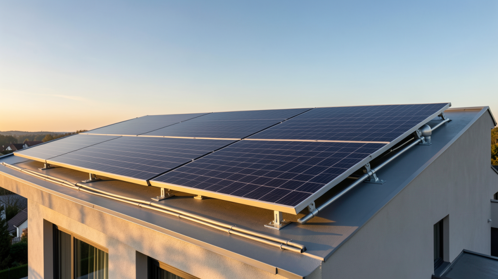 viessmann solaire thermique installé sur le toit d'une maison moderne avec des panneaux solaires noirs