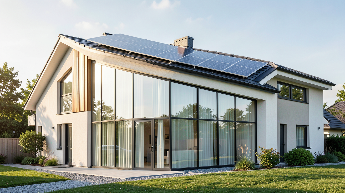 vitre photovoltaïque intégrée dans une façade de maison contemporaine comparée à un panneau solaire classique sur le toit
