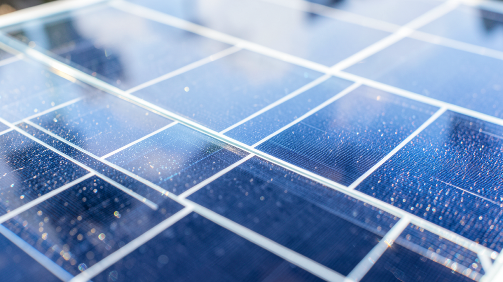 vitre panneau solaire montrant la structure des cellules photovoltaïques et la surface en verre