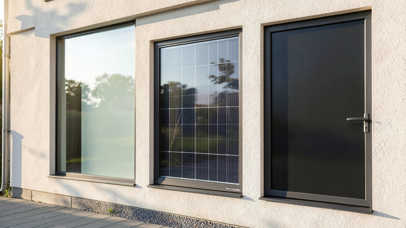 vitre panneau solaire montrant trois types de vitres photovoltaïques : transparente, semi-transparente et opaque