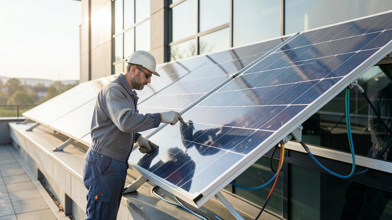 vitre panneau solaire installation étapes clés technicien en combinaison manipulant des panneaux photovoltaïques transparents sur un bâtiment moderne