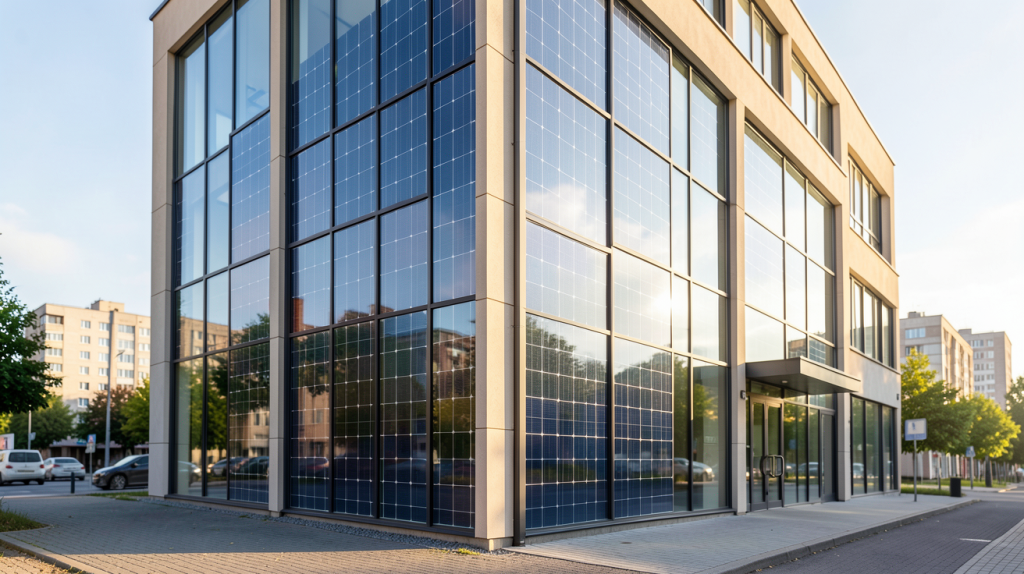 vitres photovoltaïques intégrées à la façade d'un bâtiment moderne
