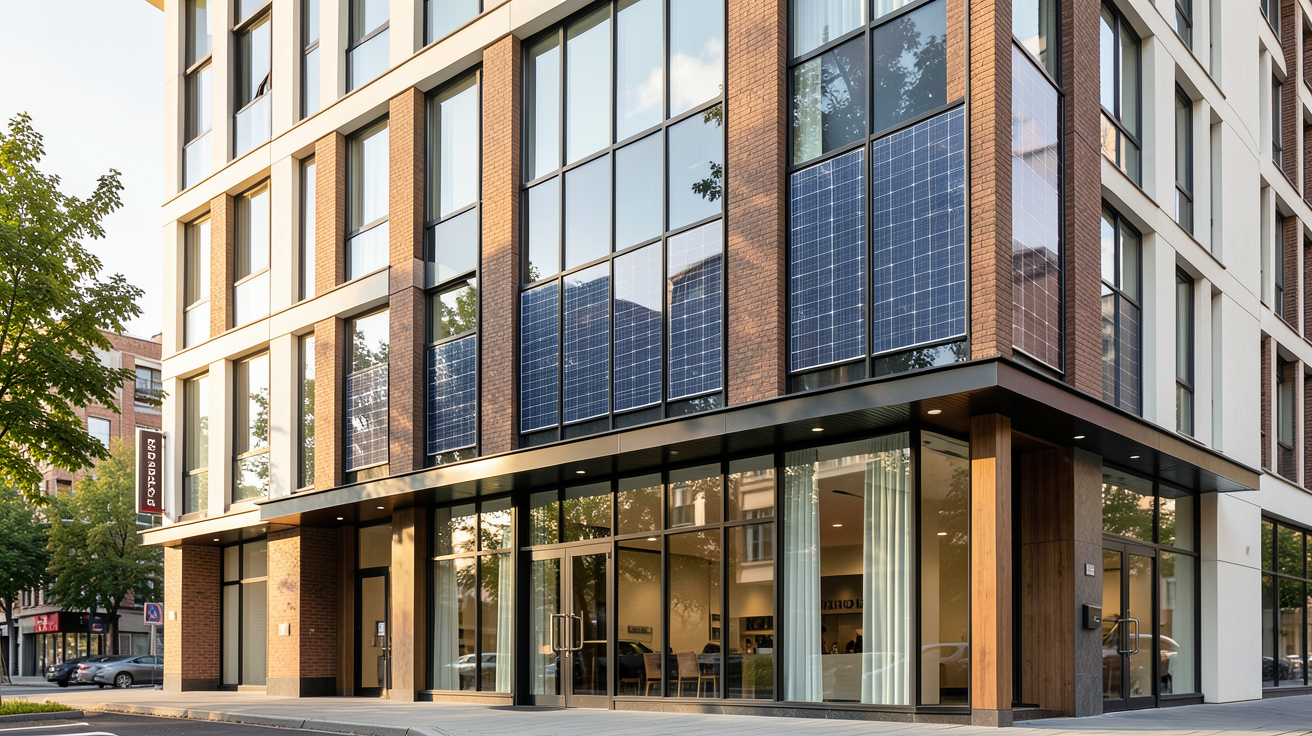 vitres photovoltaïques intégrées à une façade de maison urbaine moderne