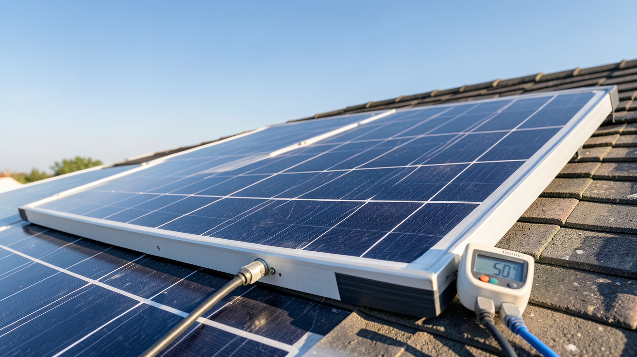 voltage panneau solaire impacté par la température élevée affichée sur un thermomètre et un voltmètre