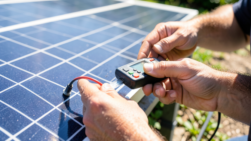 voltage panneau solaire mesuré avec un multimètre par un technicien