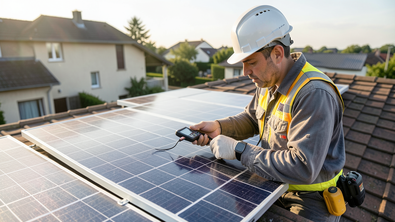 voltage panneau solaire mesure de la tension avec un multimètre sur un toit résidentiel en toute sécurité