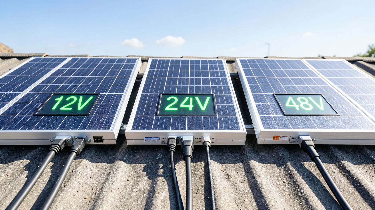 voltage panneau solaire affichant les tensions 12V, 24V et 48V pour comparaison