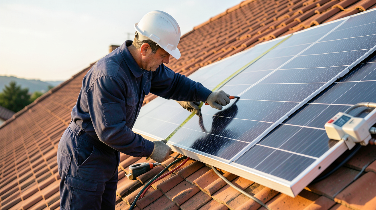 voltaique solaire photovoltaique : installateur professionnel mesurant l'inclinaison d'un panneau solaire sur un toit résidentiel
