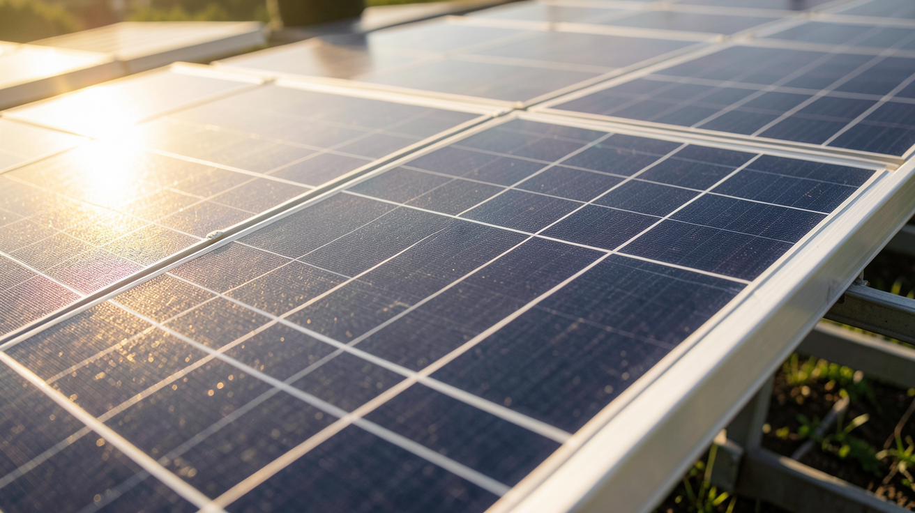 voltalia panneaux solaires fonctionnant sous un ciel dégagé avec des détails sur les cellules photovoltaïques
