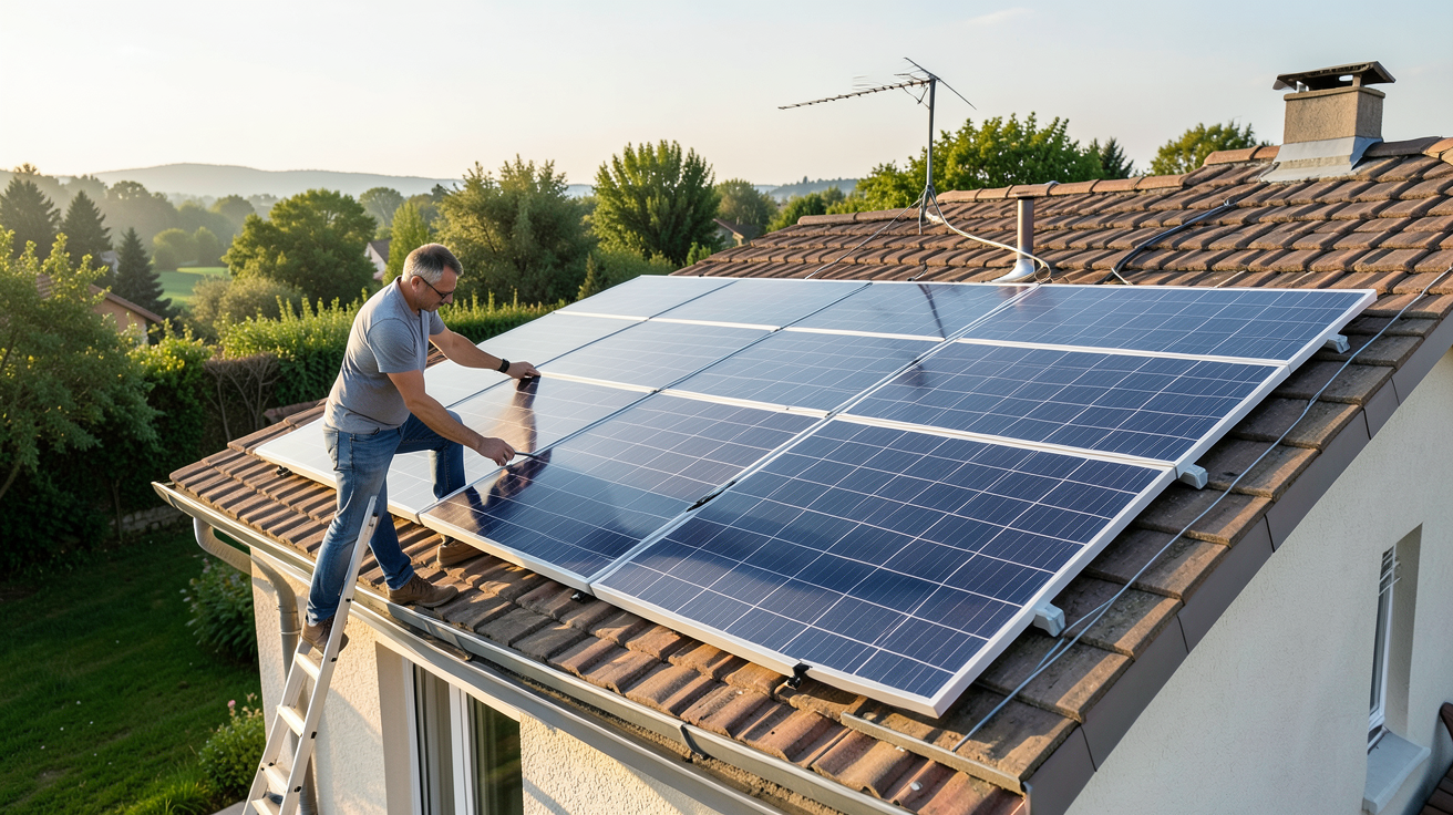 voltalia panneaux solaires : client particulier inspectant son installation photovoltaïque sur le toit d'une maison