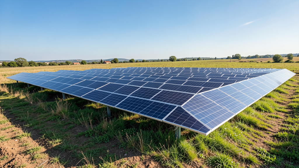 voltalia panneaux solaires installés sur un vaste terrain ensoleillé montrant les modules photovoltaïques alignés sous un ciel bleu