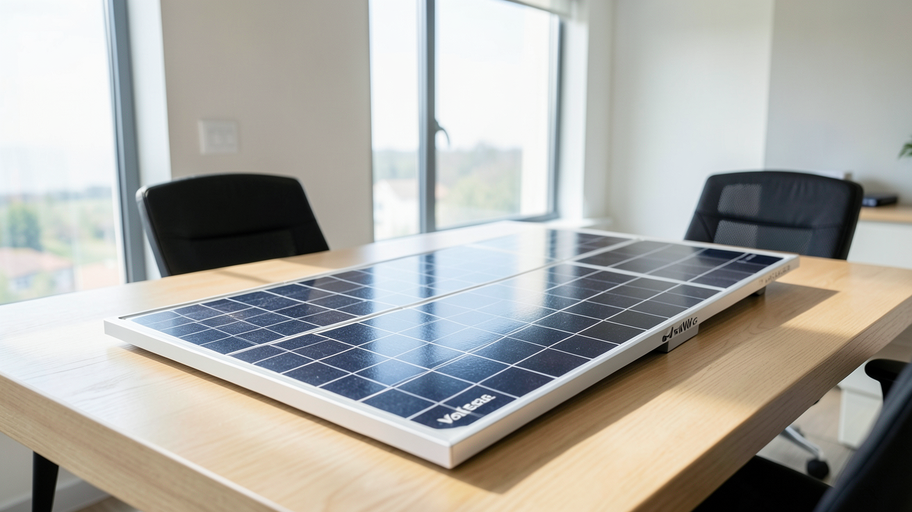 voltec solar prix devis d'installation solaire 6kWc avec panneaux Voltec Solar posé sur une table en bois