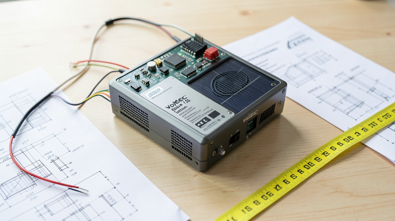 voltec solar tarka 126 onduleur solaire posé sur une table avec documents techniques