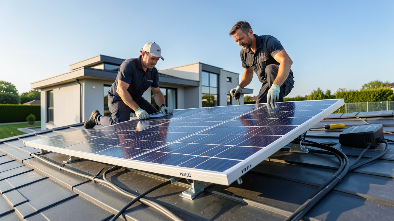 voltec solar tarka 126 en cours d'installation sur un toit résidentiel avec un technicien professionnel