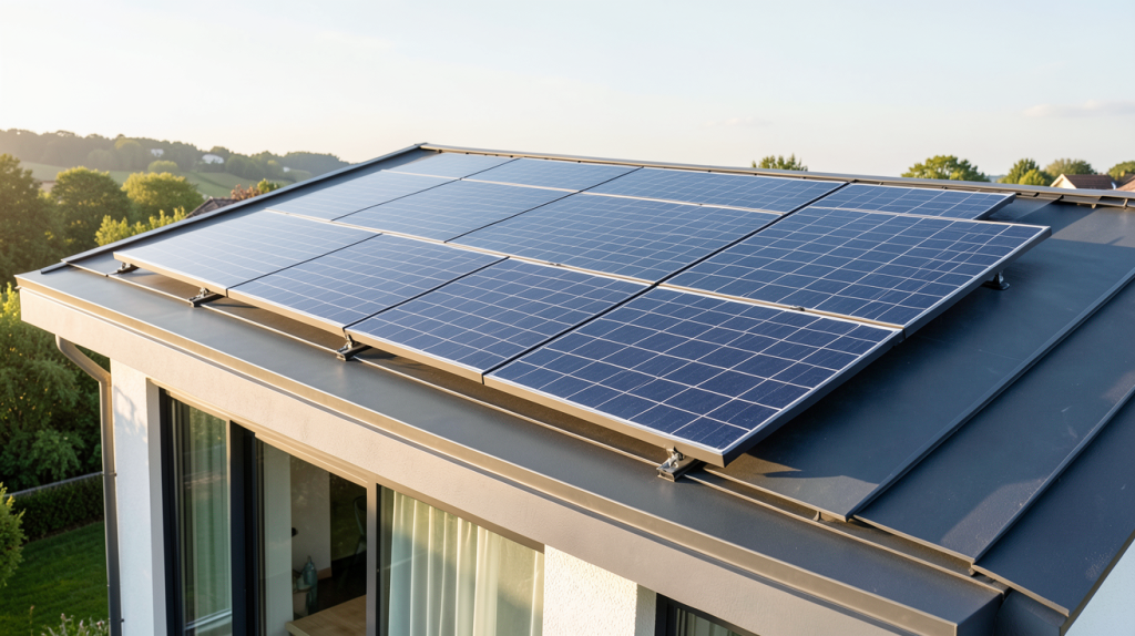 voltec solar tarka 126 installé sur le toit d'une maison moderne, montrant le panneau solaire en détail.