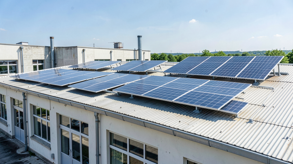 wattuneed france installation de panneaux solaires sur le toit d'un bâtiment industriel, ciel dégagé et lumière du jour, image haute résolution