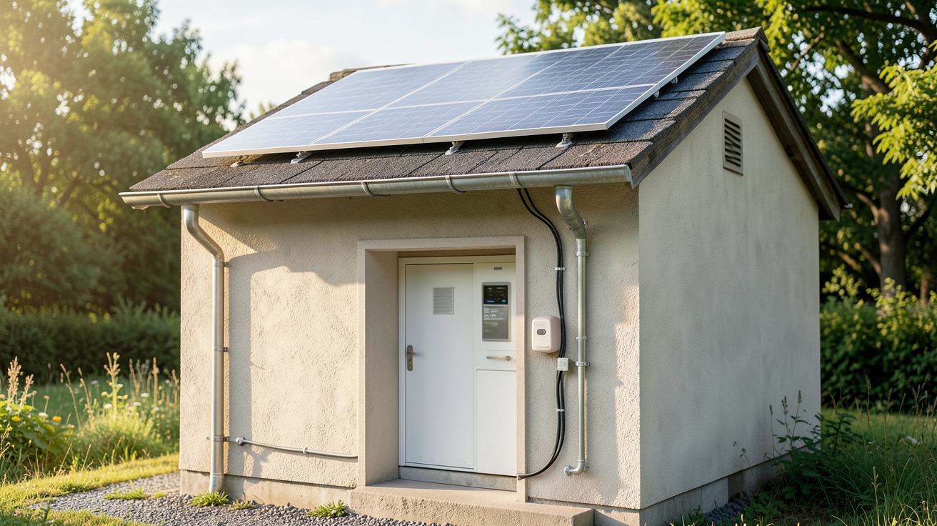 wc panneau photovoltaique installé à l'extérieur avec un panneau solaire sur le toit