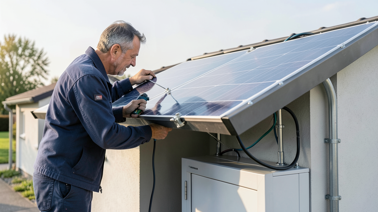 wc panneau photovoltaique : artisan installant un panneau solaire sur le toit d'un WC extérieur moderne