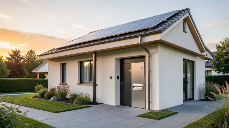 wc extérieur avec panneau photovoltaïque sur le toit d'une maison moderne