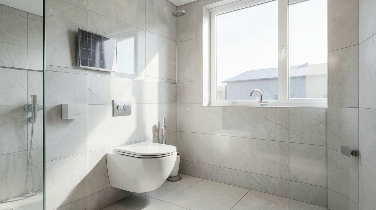 wc panneau photovoltaique intégré dans une salle de bain moderne avec lumière naturelle