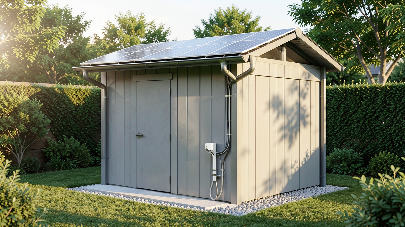 wc photovoltaïque installé dans un jardin moderne avec panneaux solaires sur une petite cabane