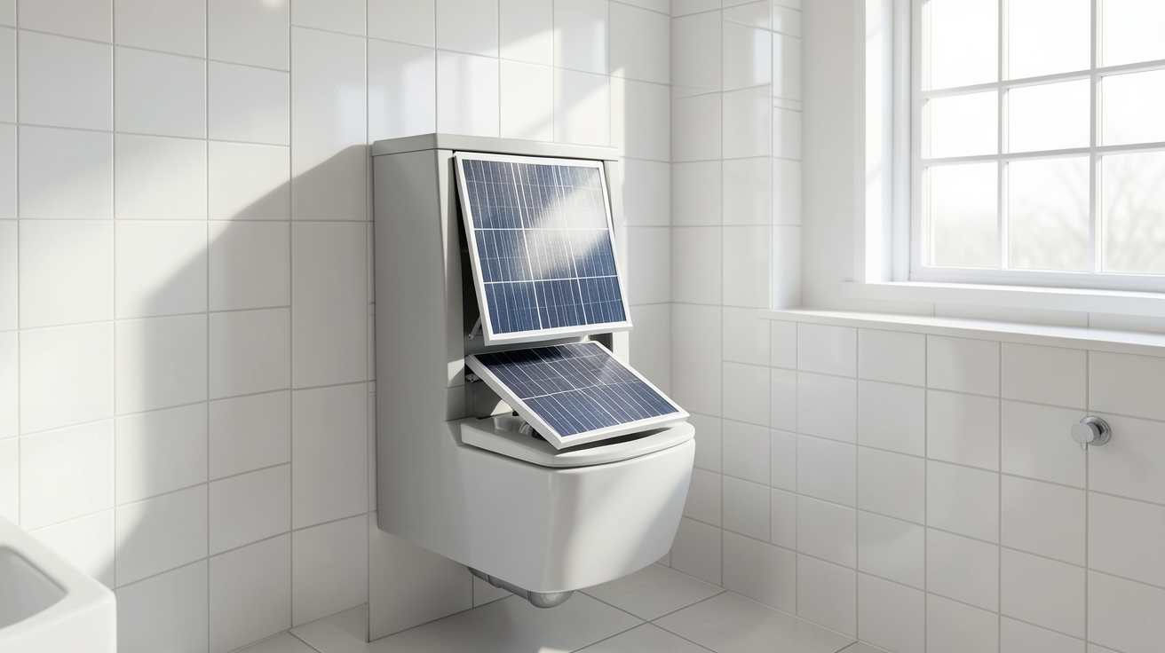 wc photovoltaïque installé dans une salle de bain moderne avec carrelage blanc
